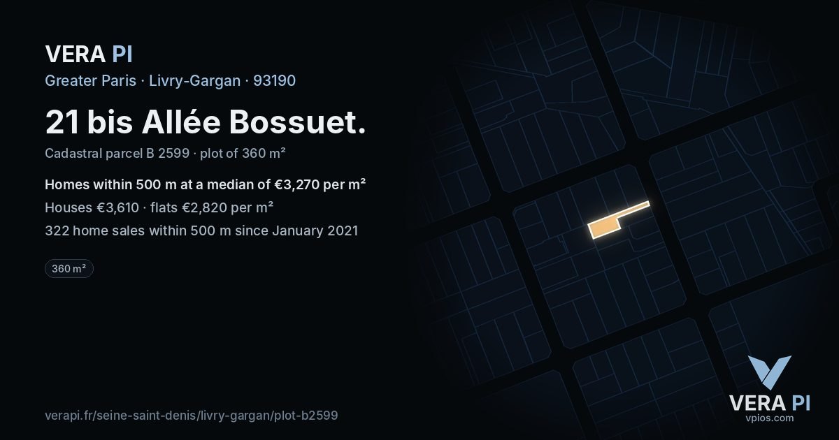 21 bis Allée Bossuet, Livry-Gargan at night – the plot lit, the parcels around coloured by the prices near them