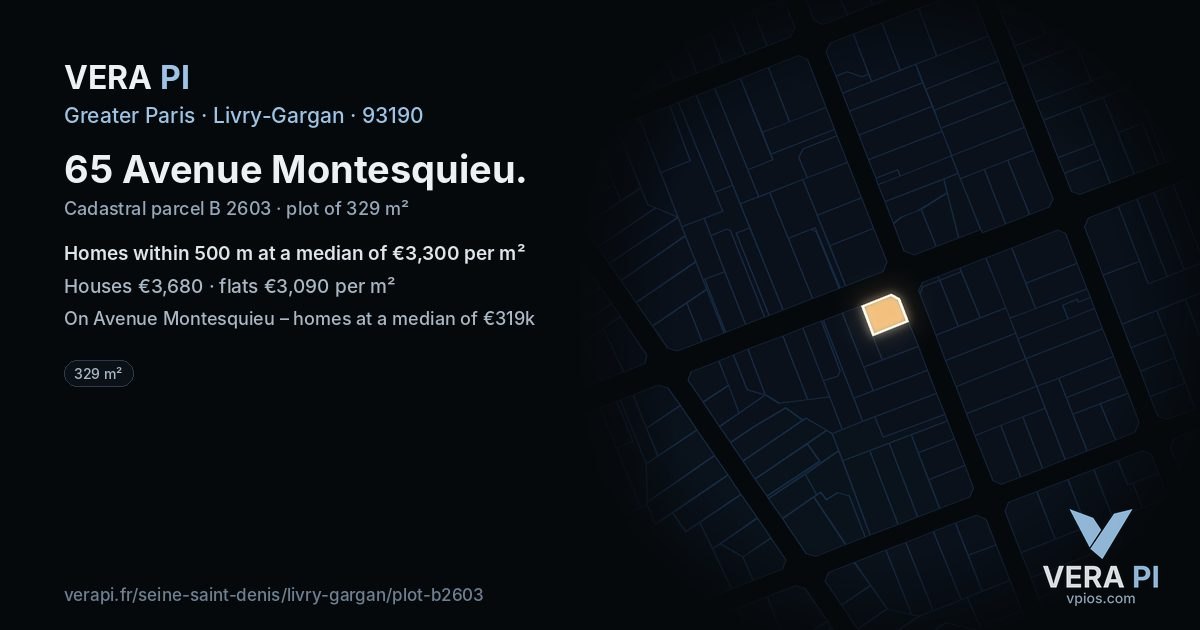 65 Avenue Montesquieu, Livry-Gargan at night – the plot lit, the parcels around coloured by the prices near them