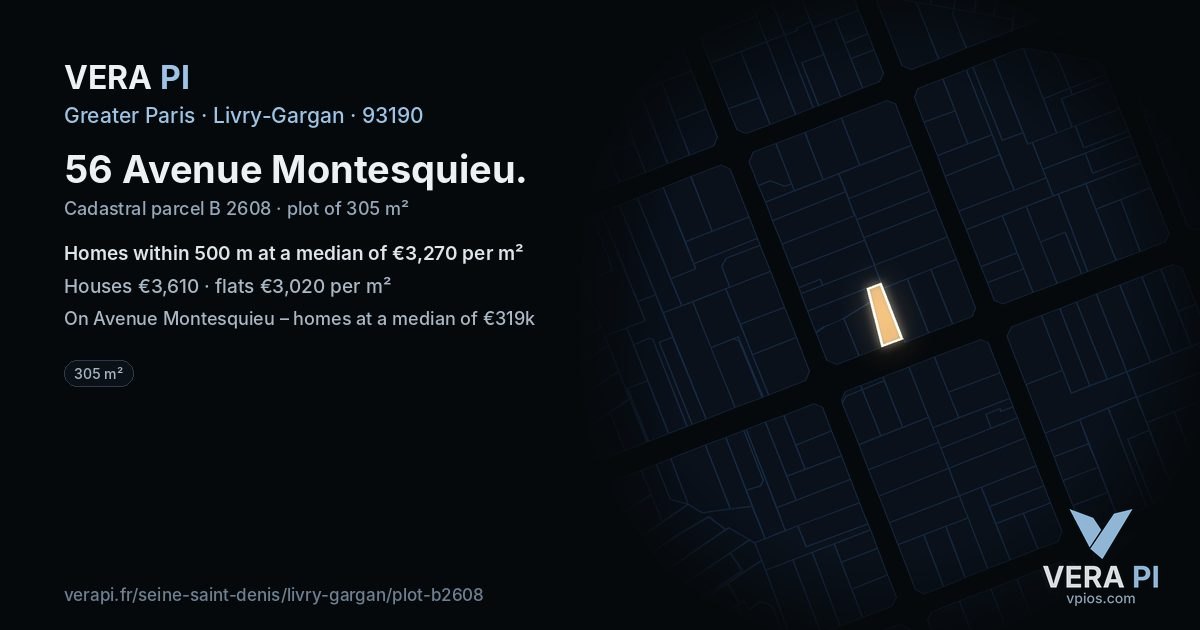 56 Avenue Montesquieu, Livry-Gargan at night – the plot lit, the parcels around coloured by the prices near them