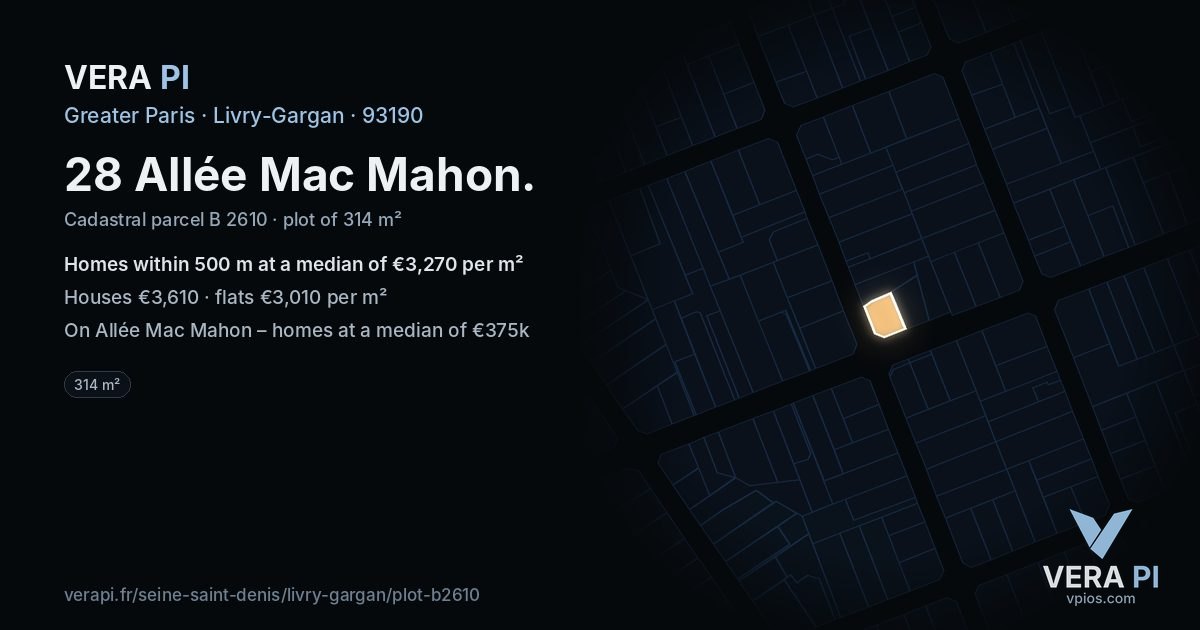 28 Allée Mac Mahon, Livry-Gargan at night – the plot lit, the parcels around coloured by the prices near them