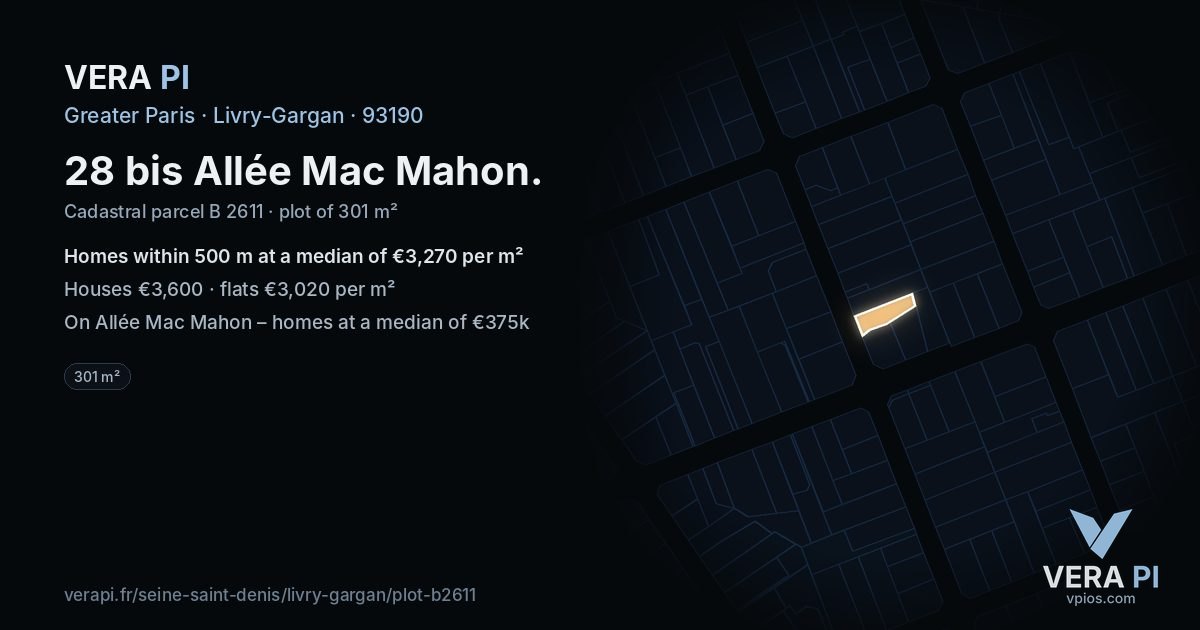 28 bis Allée Mac Mahon, Livry-Gargan at night – the plot lit, the parcels around coloured by the prices near them