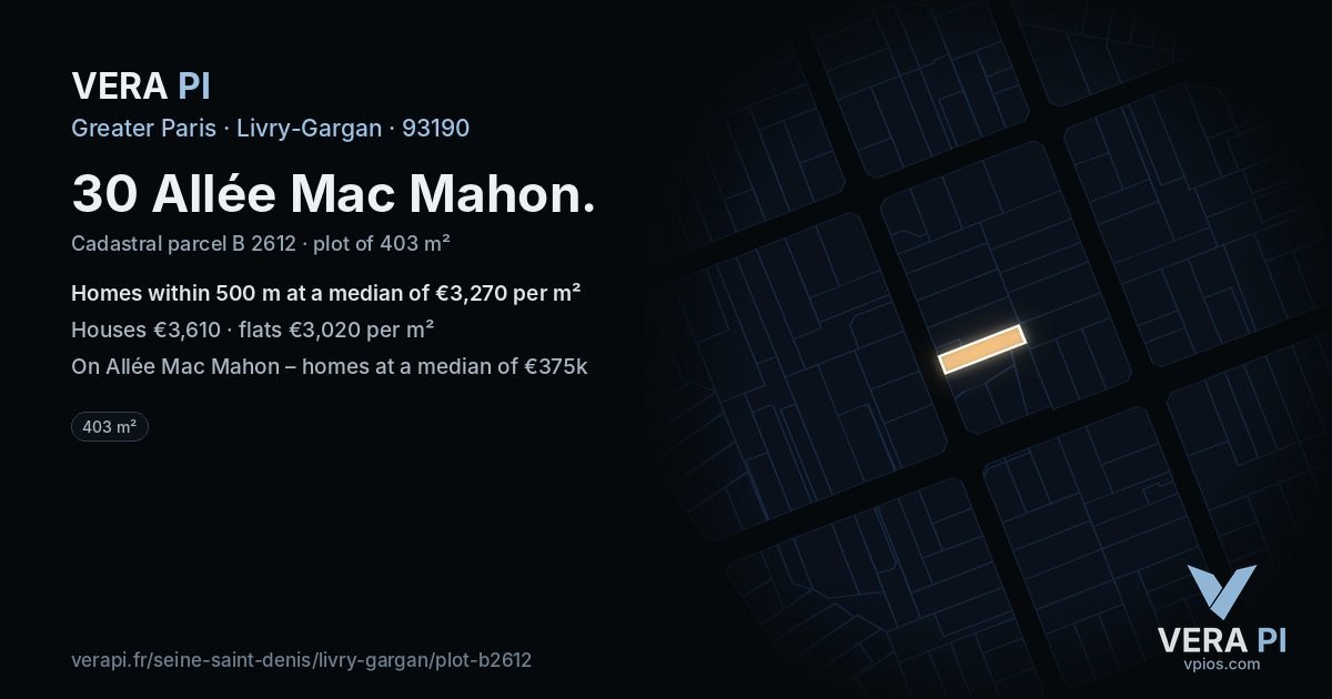 30 Allée Mac Mahon, Livry-Gargan at night – the plot lit, the parcels around coloured by the prices near them