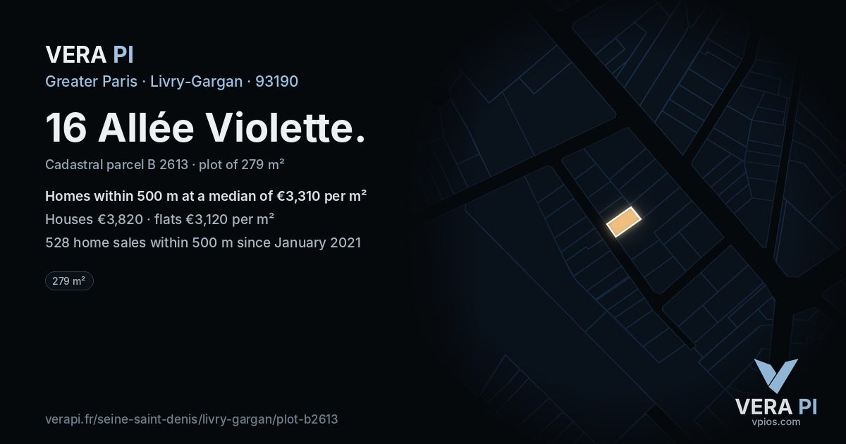 16 Allée Violette, Livry-Gargan at night – the plot lit, the parcels around coloured by the prices near them