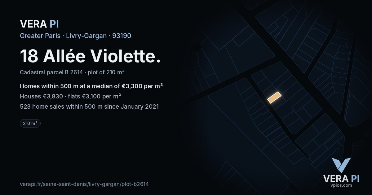18 Allée Violette, Livry-Gargan at night – the plot lit, the parcels around coloured by the prices near them