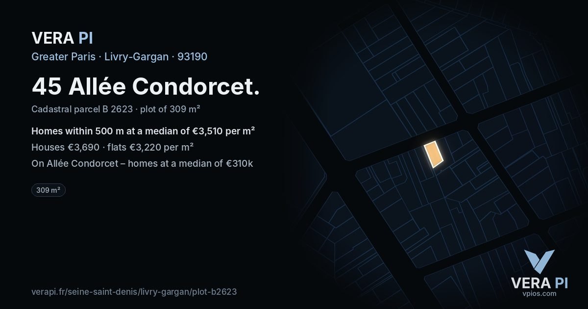 45 Allée Condorcet, Livry-Gargan at night – the plot lit, the parcels around coloured by the prices near them