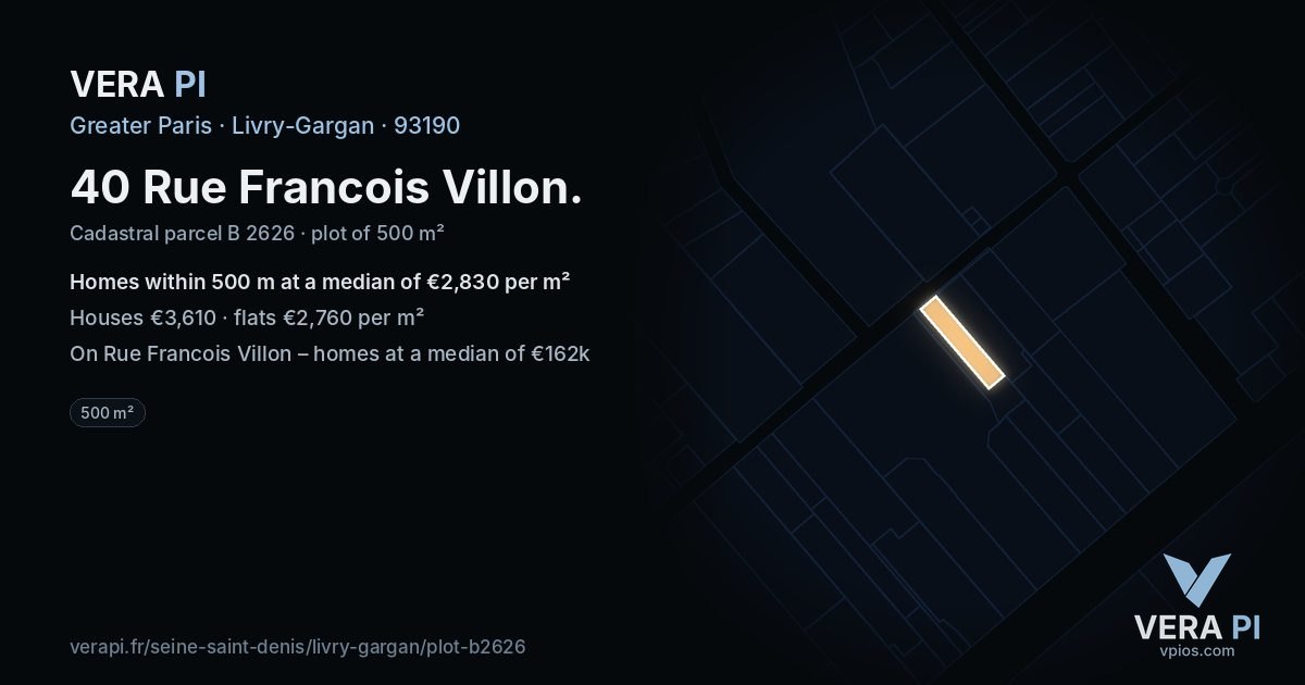 40 Rue Francois Villon, Livry-Gargan at night – the plot lit, the parcels around coloured by the prices near them