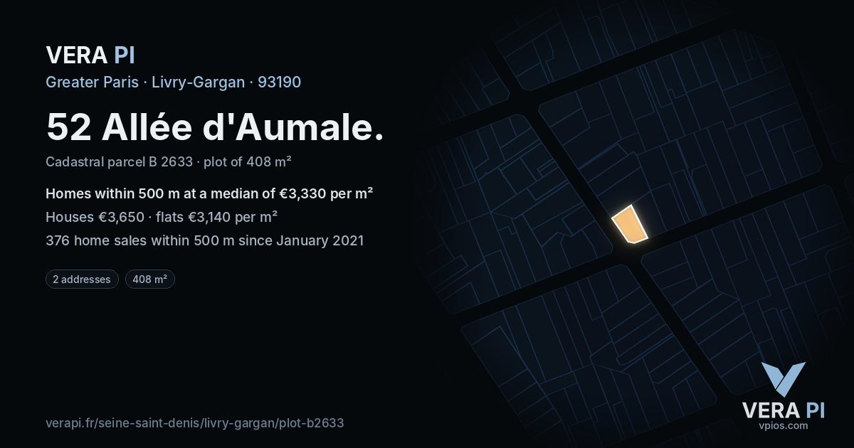52 Allée d'Aumale, Livry-Gargan at night – the plot lit, the parcels around coloured by the prices near them