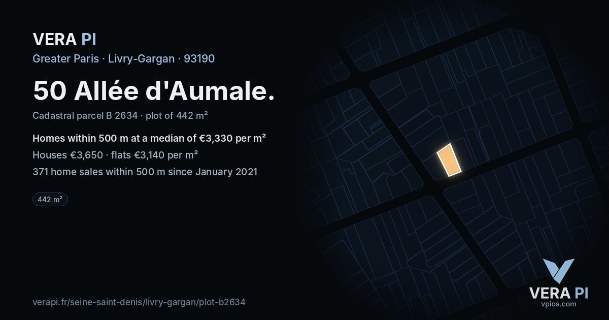 50 Allée d'Aumale, Livry-Gargan at night – the plot lit, the parcels around coloured by the prices near them