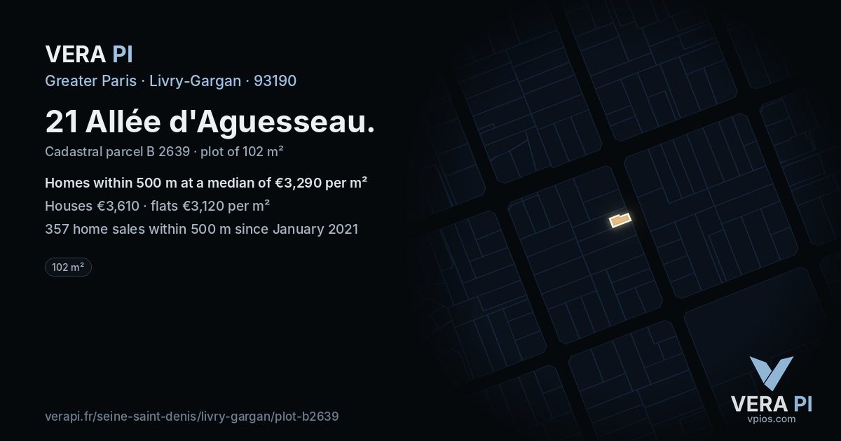 21 Allée d'Aguesseau, Livry-Gargan at night – the plot lit, the parcels around coloured by the prices near them