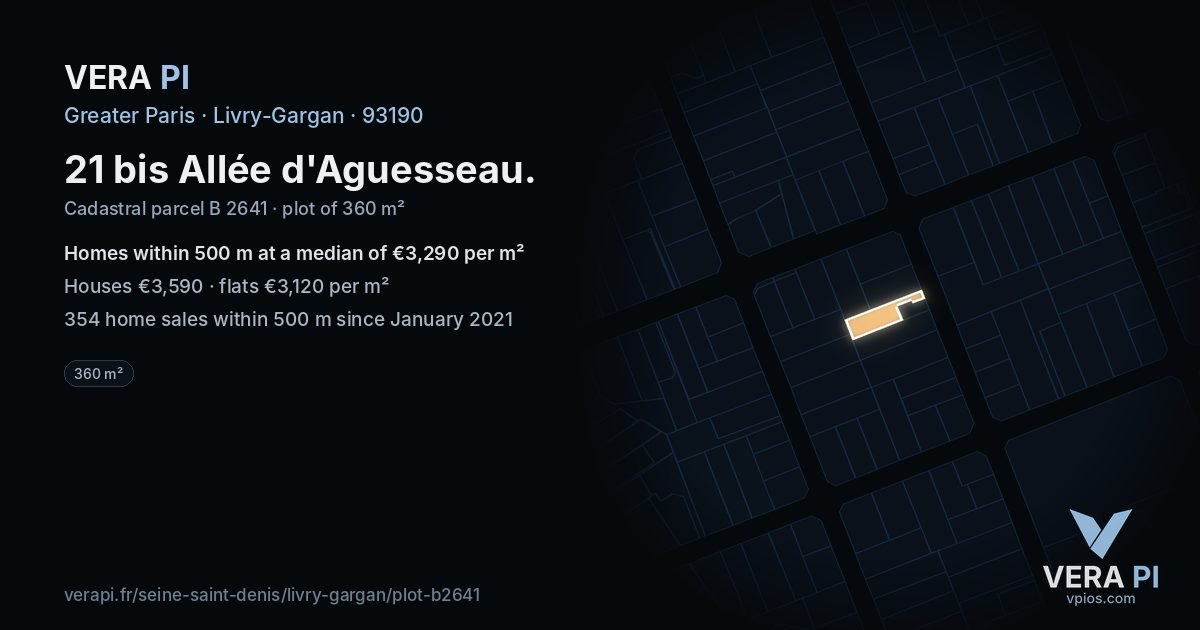 21 bis Allée d'Aguesseau, Livry-Gargan at night – the plot lit, the parcels around coloured by the prices near them