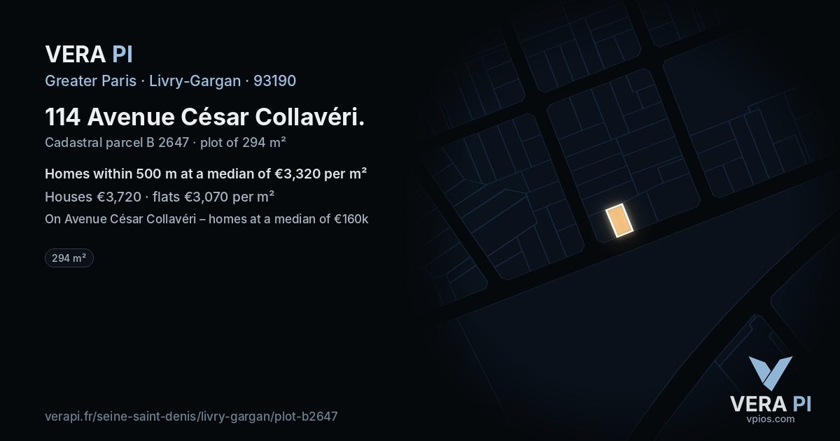 114 Avenue César Collavéri, Livry-Gargan at night – the plot lit, the parcels around coloured by the prices near them