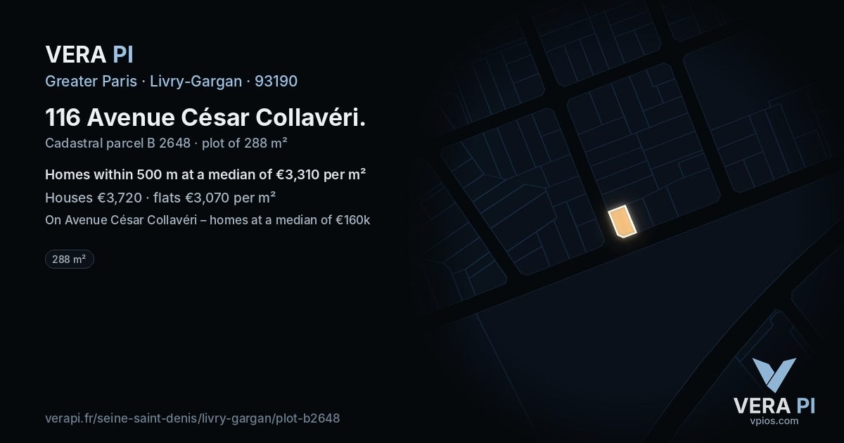 116 Avenue César Collavéri, Livry-Gargan at night – the plot lit, the parcels around coloured by the prices near them