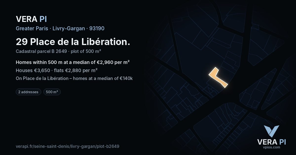 29 Place de la Libération, Livry-Gargan at night – the plot lit, the parcels around coloured by the prices near them