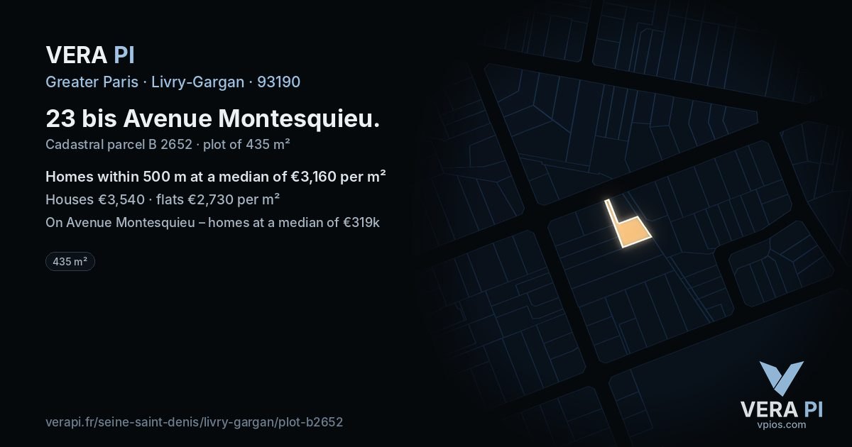 23 bis Avenue Montesquieu, Livry-Gargan at night – the plot lit, the parcels around coloured by the prices near them