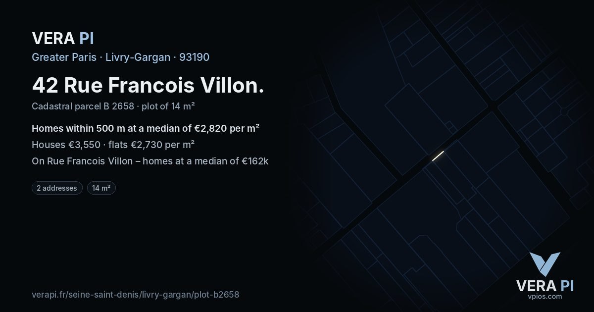 42 Rue Francois Villon, Livry-Gargan at night – the plot lit, the parcels around coloured by the prices near them