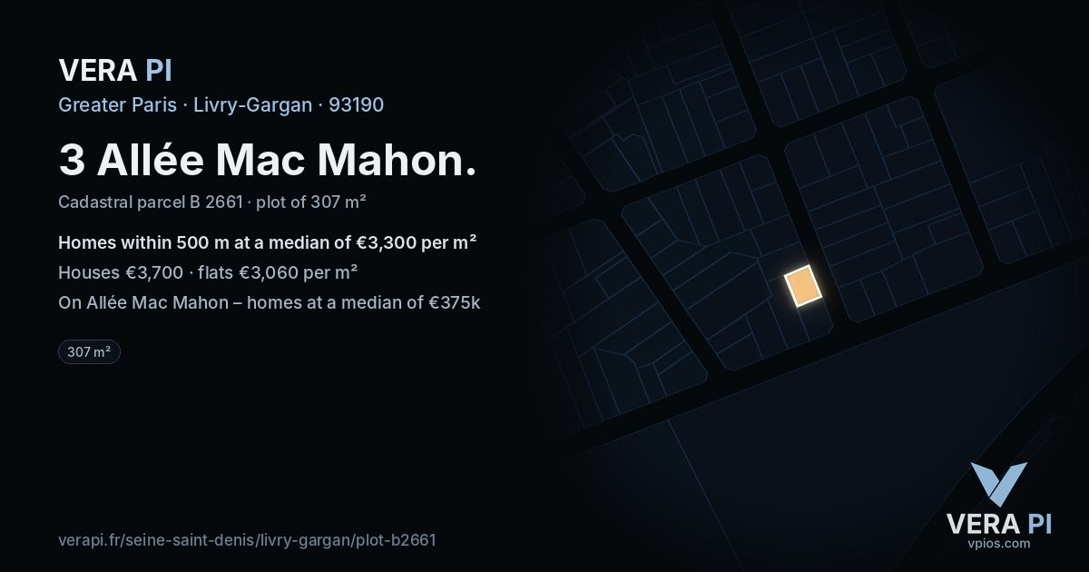 3 Allée Mac Mahon, Livry-Gargan at night – the plot lit, the parcels around coloured by the prices near them