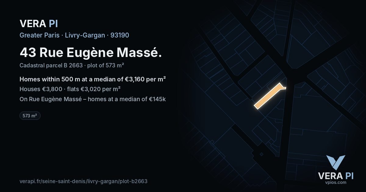 43 Rue Eugène Massé, Livry-Gargan at night – the plot lit, the parcels around coloured by the prices near them