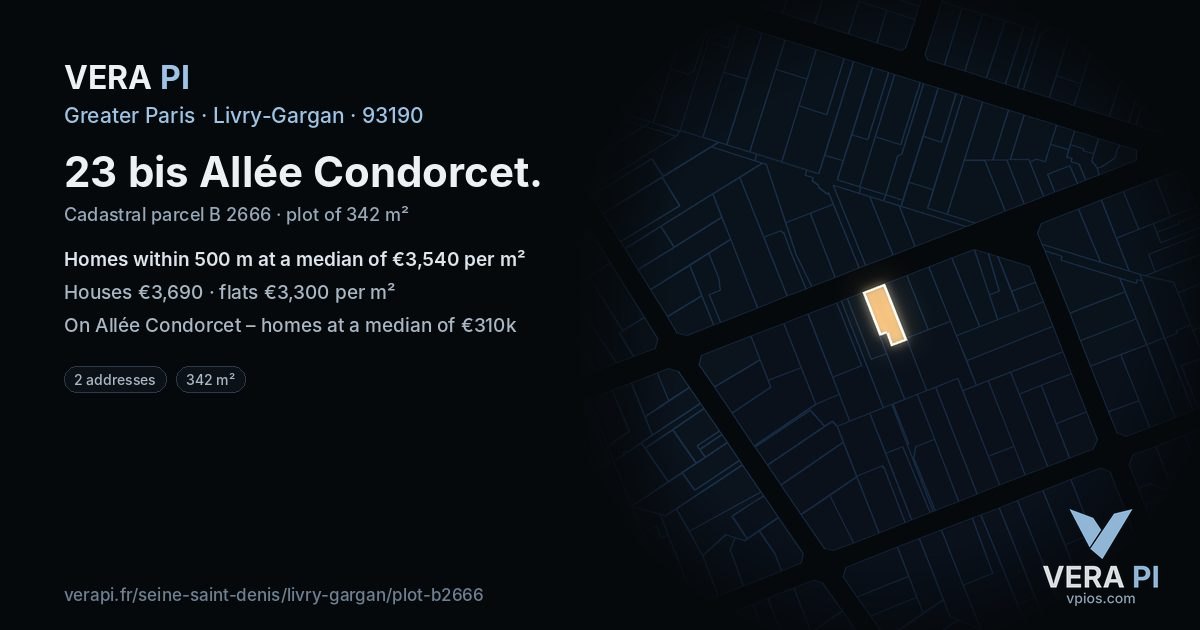 23 bis Allée Condorcet, Livry-Gargan at night – the plot lit, the parcels around coloured by the prices near them