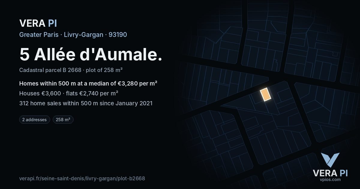 5 Allée d'Aumale, Livry-Gargan at night – the plot lit, the parcels around coloured by the prices near them