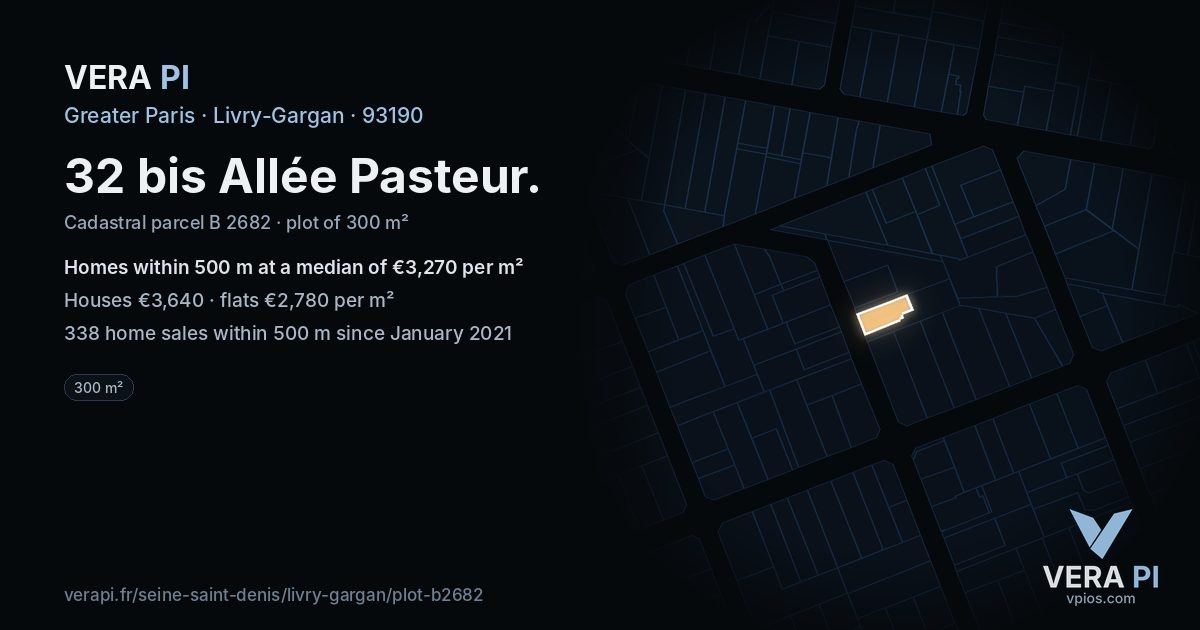 32 bis Allée Pasteur, Livry-Gargan at night – the plot lit, the parcels around coloured by the prices near them