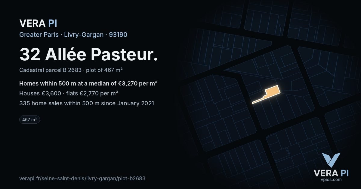 32 Allée Pasteur, Livry-Gargan at night – the plot lit, the parcels around coloured by the prices near them