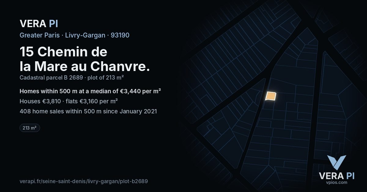 15 Chemin de la Mare au Chanvre, Livry-Gargan at night – the plot lit, the parcels around coloured by the prices near them