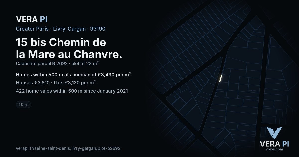 15 bis Chemin de la Mare au Chanvre, Livry-Gargan at night – the plot lit, the parcels around coloured by the prices near them