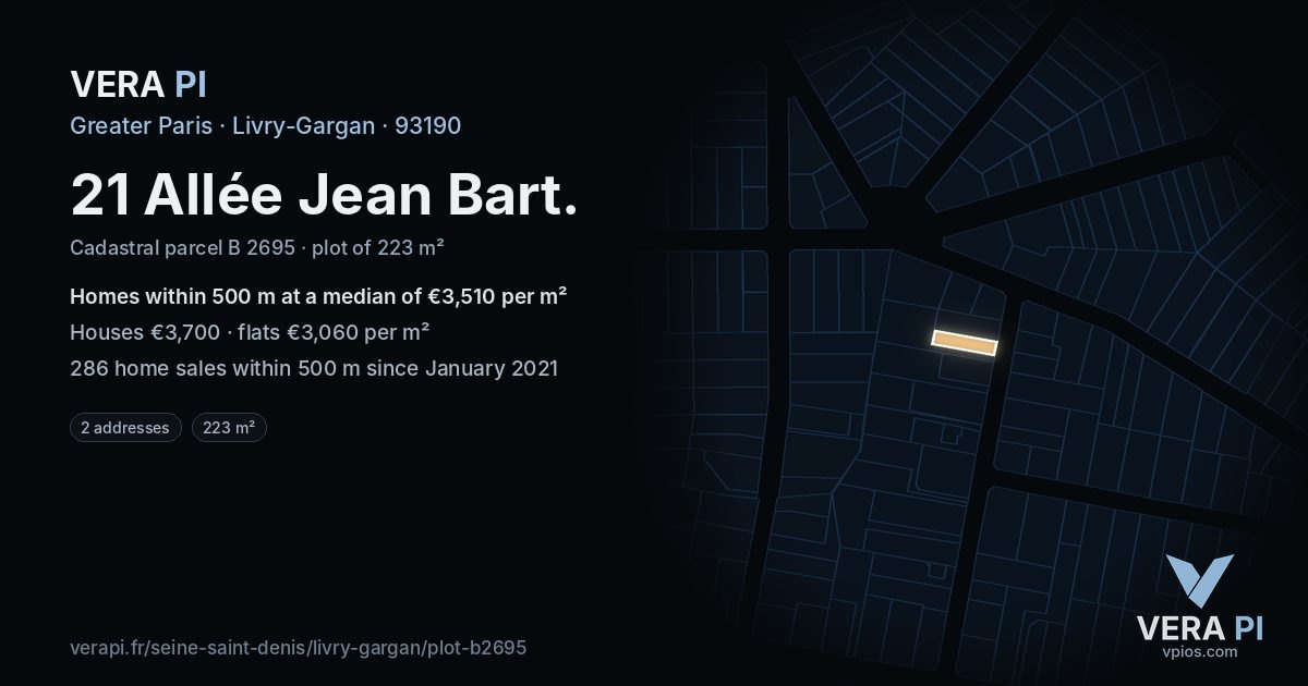 21 Allée Jean Bart, Livry-Gargan at night – the plot lit, the parcels around coloured by the prices near them