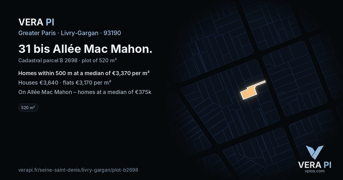 31 bis Allée Mac Mahon, Livry-Gargan at night – the plot lit, the parcels around coloured by the prices near them