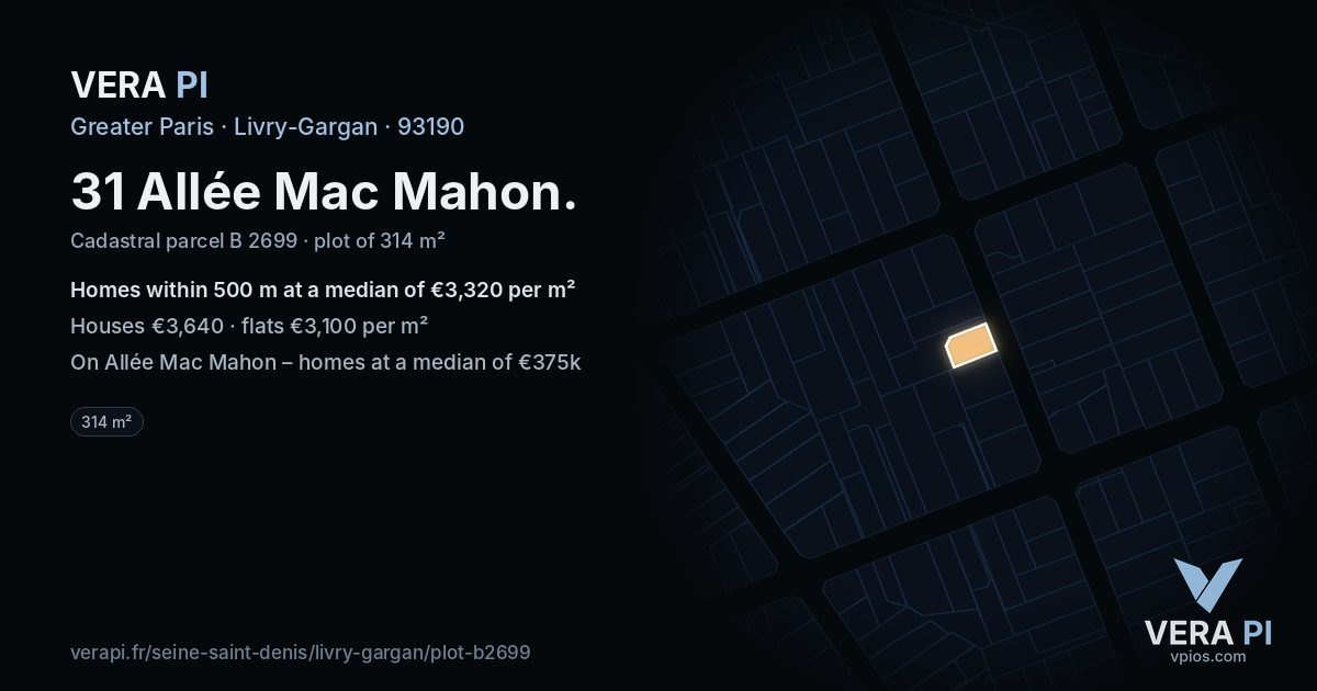 31 Allée Mac Mahon, Livry-Gargan at night – the plot lit, the parcels around coloured by the prices near them