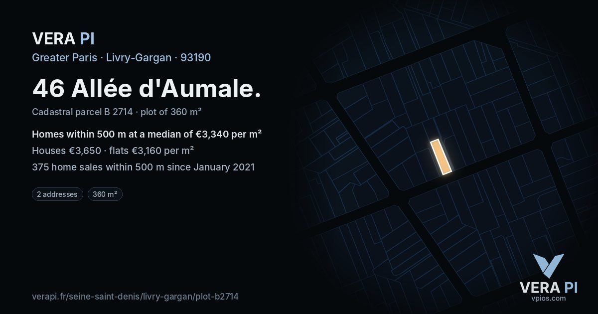 46 Allée d'Aumale, Livry-Gargan at night – the plot lit, the parcels around coloured by the prices near them