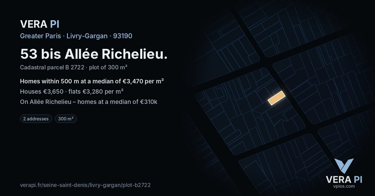 53 bis Allée Richelieu, Livry-Gargan at night – the plot lit, the parcels around coloured by the prices near them
