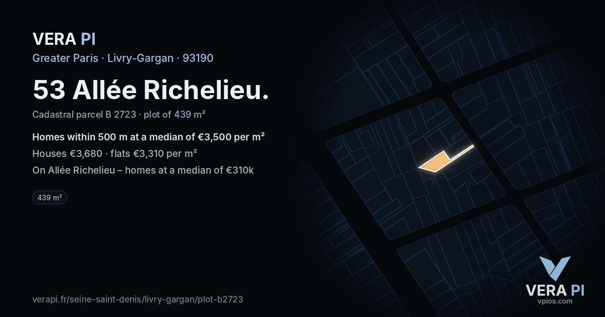 53 Allée Richelieu, Livry-Gargan at night – the plot lit, the parcels around coloured by the prices near them