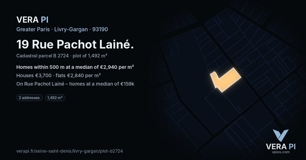 19 Rue Pachot Lainé, Livry-Gargan at night – the plot lit, the parcels around coloured by the prices near them