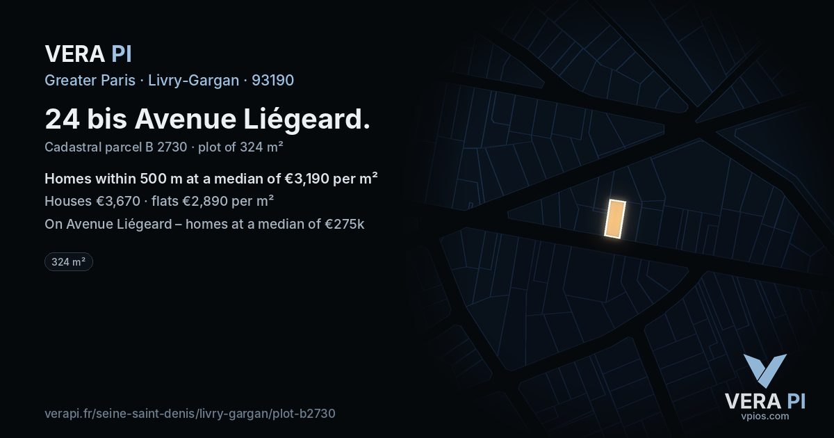 24 bis Avenue Liégeard, Livry-Gargan at night – the plot lit, the parcels around coloured by the prices near them