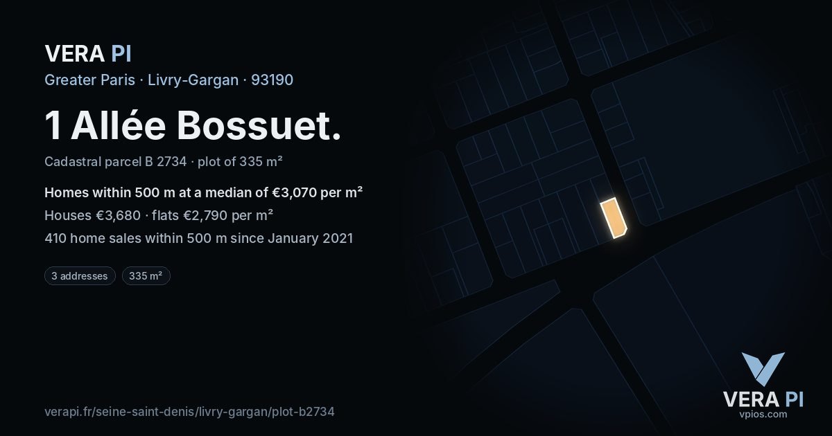 1 Allée Bossuet, Livry-Gargan at night – the plot lit, the parcels around coloured by the prices near them