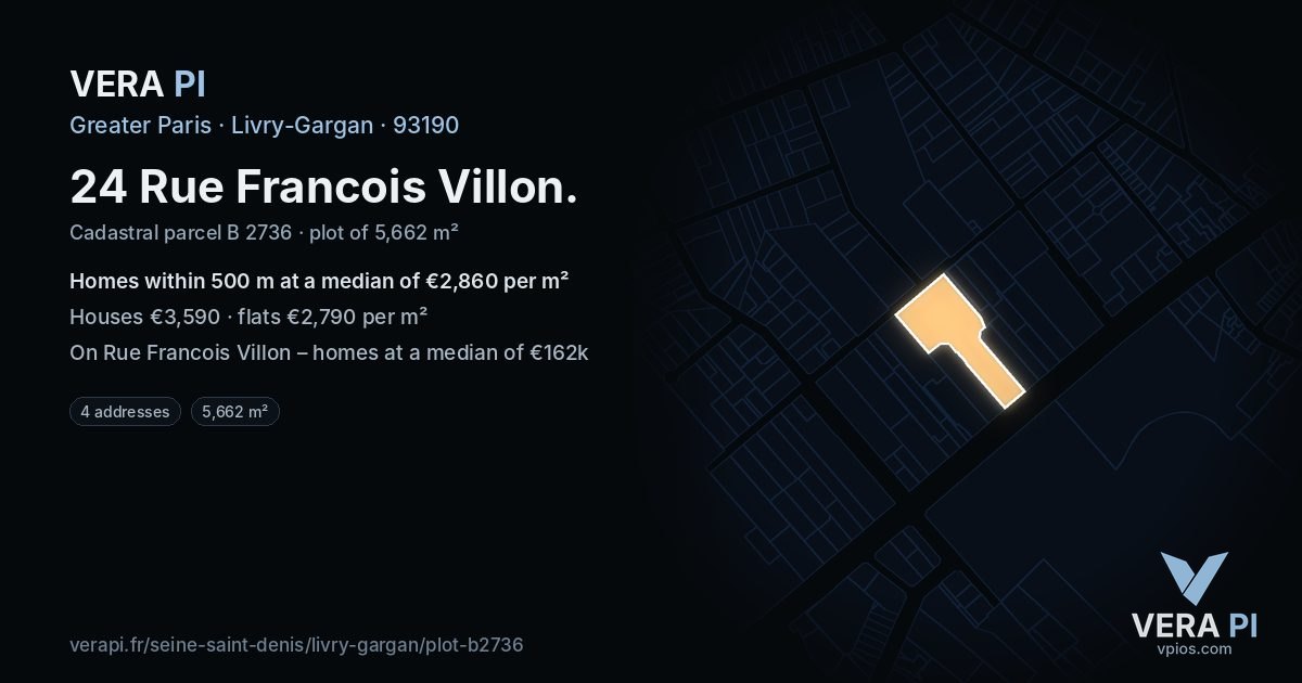 24 Rue Francois Villon, Livry-Gargan at night – the plot lit, the parcels around coloured by the prices near them