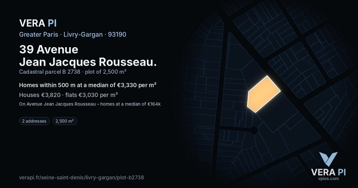 39 Avenue Jean Jacques Rousseau, Livry-Gargan at night – the plot lit, the parcels around coloured by the prices near them