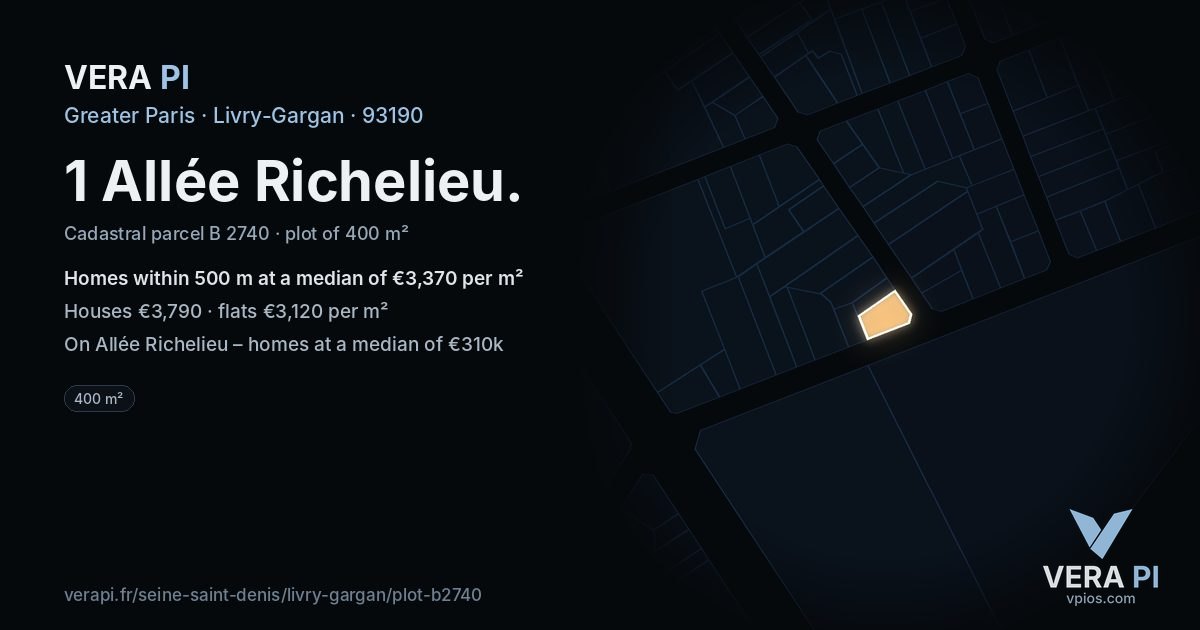 1 Allée Richelieu, Livry-Gargan at night – the plot lit, the parcels around coloured by the prices near them