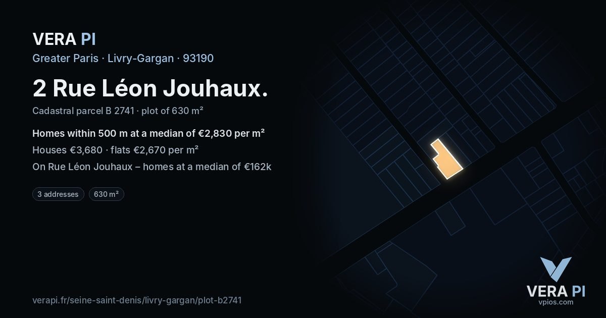 2 Rue Léon Jouhaux, Livry-Gargan at night – the plot lit, the parcels around coloured by the prices near them