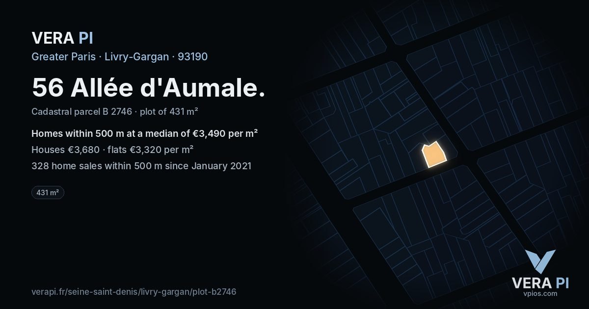 56 Allée d'Aumale, Livry-Gargan at night – the plot lit, the parcels around coloured by the prices near them