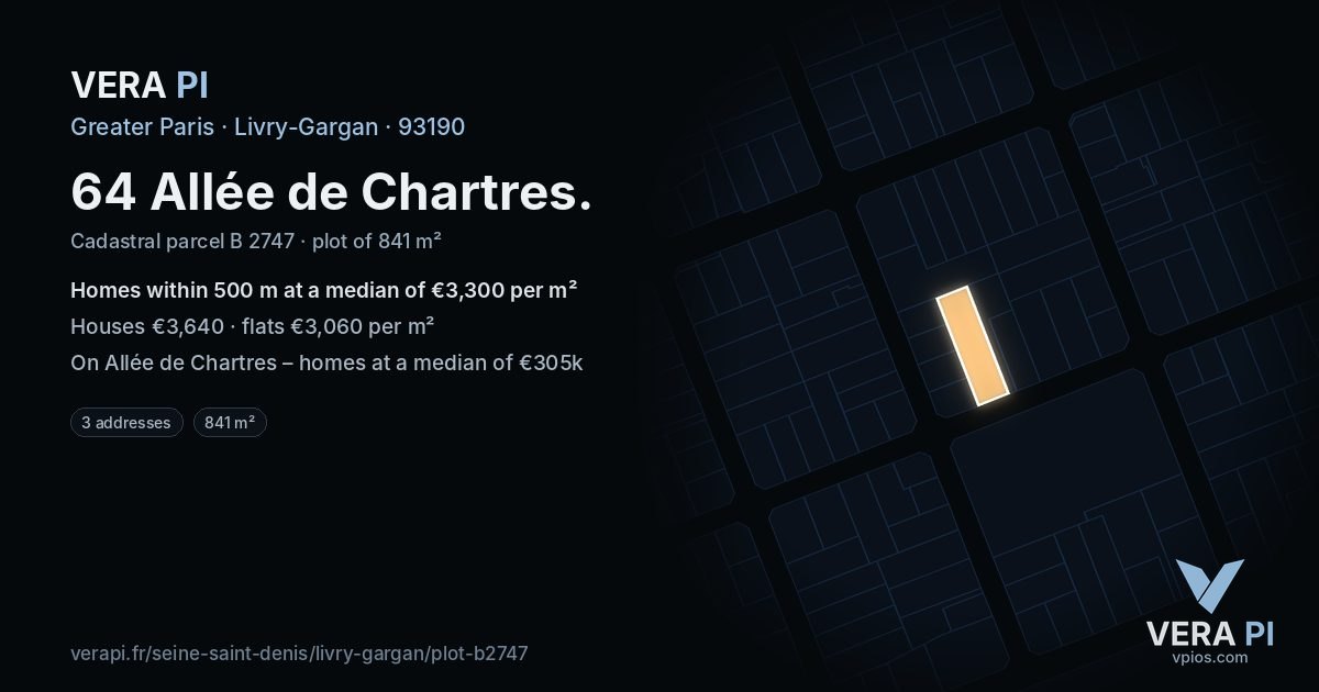64 Allée de Chartres, Livry-Gargan at night – the plot lit, the parcels around coloured by the prices near them
