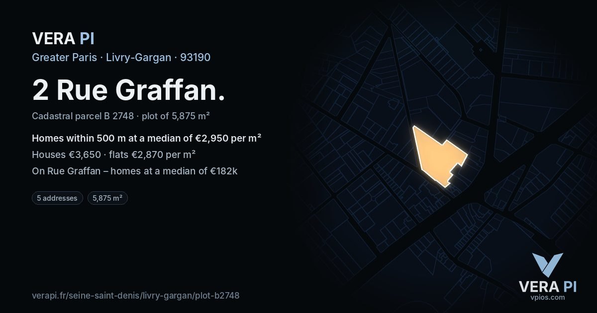 2 Rue Graffan, Livry-Gargan at night – the plot lit, the parcels around coloured by the prices near them