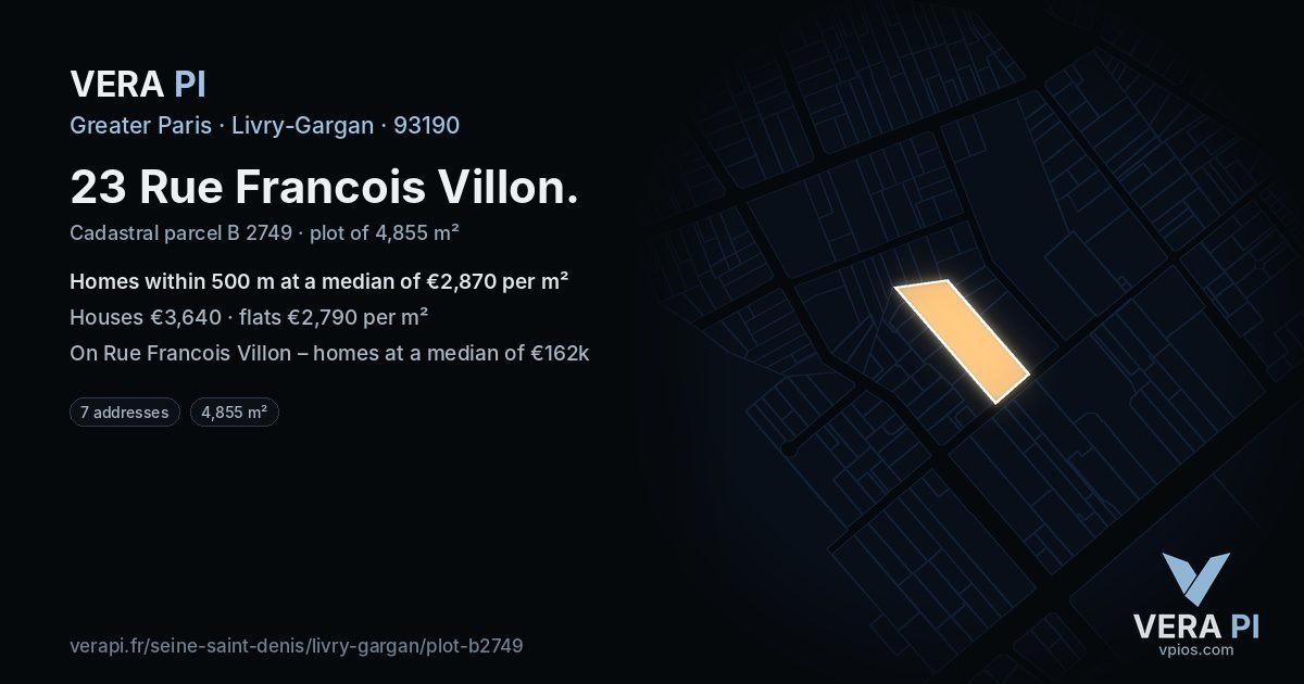 23 Rue Francois Villon, Livry-Gargan at night – the plot lit, the parcels around coloured by the prices near them