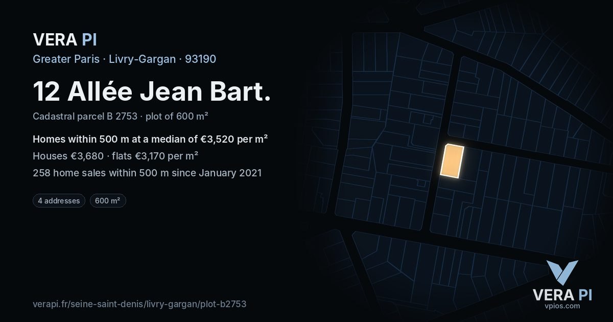 12 Allée Jean Bart, Livry-Gargan at night – the plot lit, the parcels around coloured by the prices near them