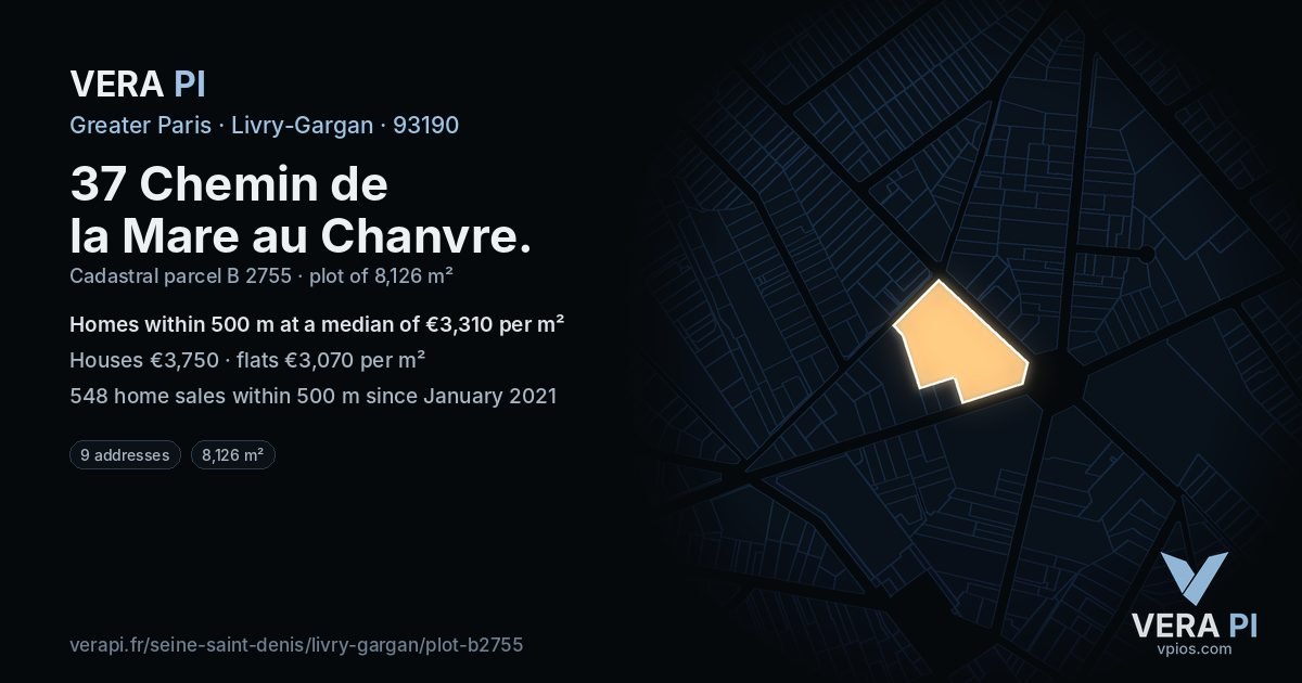 37 Chemin de la Mare au Chanvre, Livry-Gargan at night – the plot lit, the parcels around coloured by the prices near them