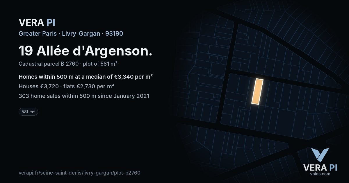 19 Allée d'Argenson, Livry-Gargan at night – the plot lit, the parcels around coloured by the prices near them