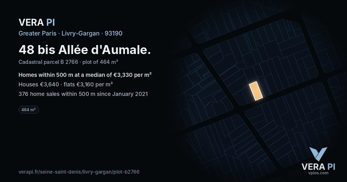 48 bis Allée d'Aumale, Livry-Gargan at night – the plot lit, the parcels around coloured by the prices near them