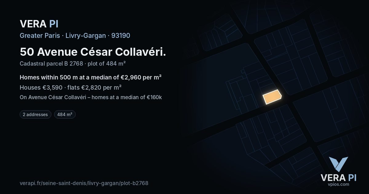 50 Avenue César Collavéri, Livry-Gargan at night – the plot lit, the parcels around coloured by the prices near them