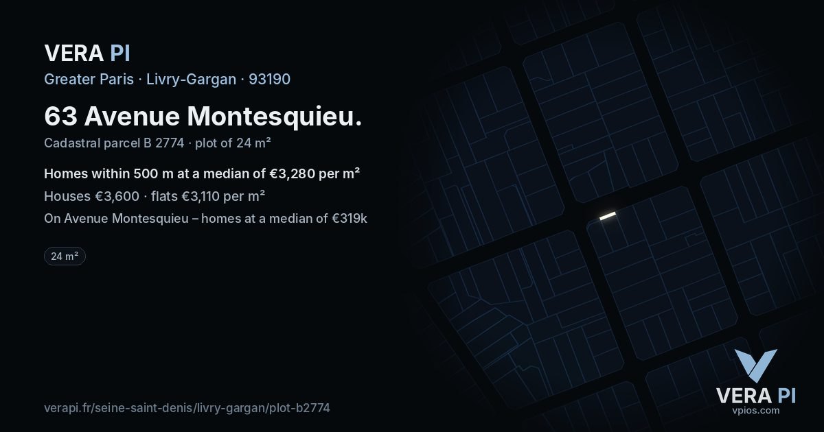 63 Avenue Montesquieu, Livry-Gargan at night – the plot lit, the parcels around coloured by the prices near them